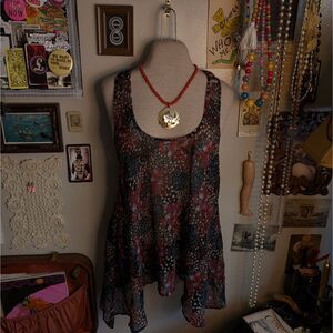 Vintage Mesh Tank Top Blouse Women's Large Ditsy Floral Polka Dot Print Flowy